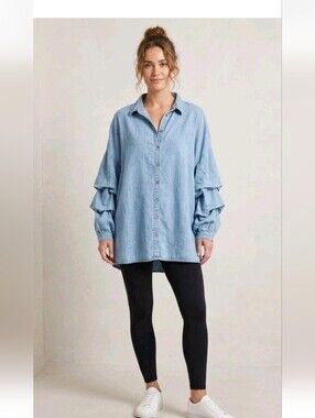 John Mark Womens Xl  Boho Denim Tunic  Ruffled Long Sleeve Button Up Shirt Blue